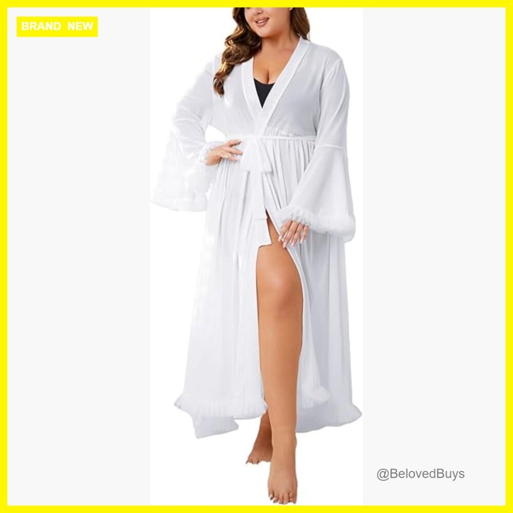 Plus Size Sheer Ruffle Trim Long Sleeve Belted Robe Wedding Party